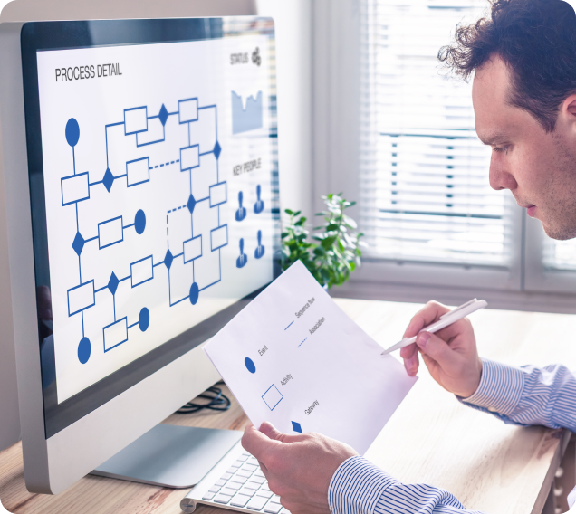 This image shows a man at a desk he is sat to the right of the picture and his computer screen which he is facing but is to the left of the image shows a blue process flow chart.